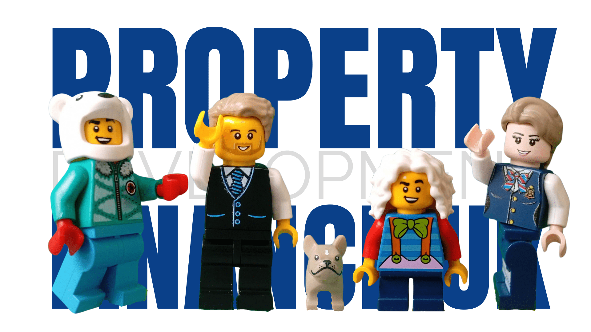 property-development-finance-about-page-hero-image Lego-style developer characters with dog in front of Property Development Finance UK branding on the About page