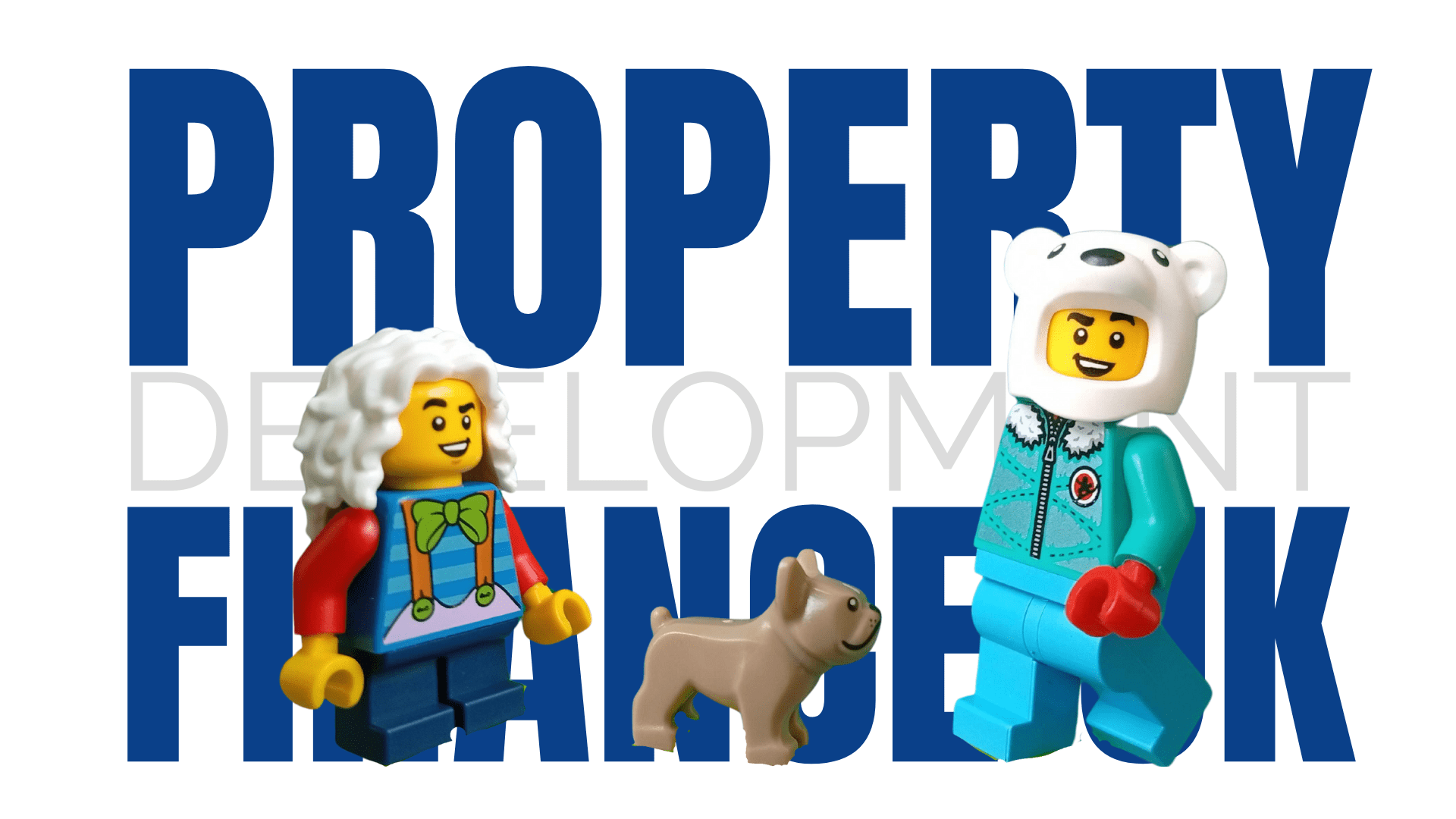 property-development-finance-glossary-page-hero-image Two Lego-style beginner developer characters and a dog in front of Property Development Finance UK branding on the Glossary page