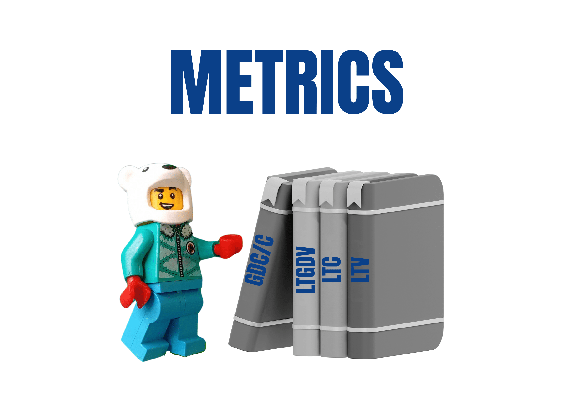property-development-finance-metrics-page-header-image Building block style character pointing at a set of labelled books representing property development finance metrics: GDV, LTGDV, LTC, and LTV.
